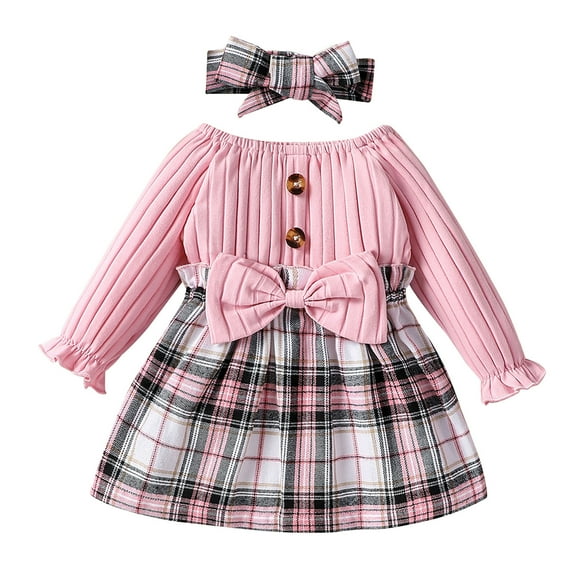 Utlike Girls Dresses Ruffle Long Sleeve Plaid Round Neck Bowknot Party Dress Set With Bowknot Hair Band Girl Comfort Fit Sundress For Everyday Wear Size 12 Months-18 Months