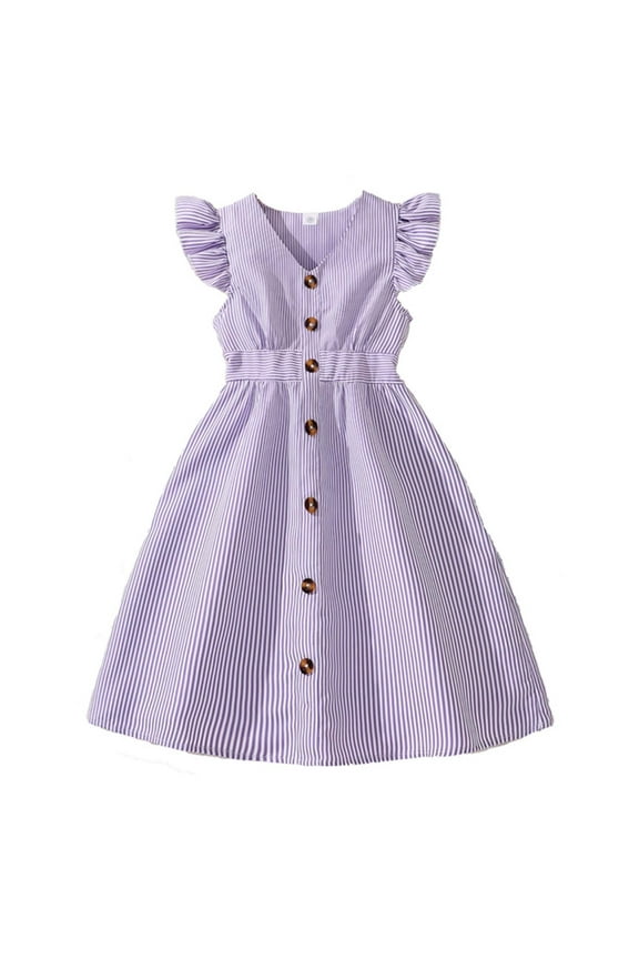 Girls Dresses Summer Casual Dress Sleeveless A Line Button Down Ruffle Hem Striped Dresses Girls Breathable Sundress Size 7 Years-8 Years