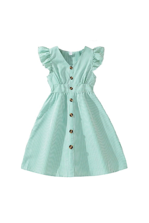 Girls Dresses Summer Casual Dress Sleeveless A Line Button Down Ruffle Hem Striped Dresses Girls Easy Care Play Sundress Size 7 Years-8 Years