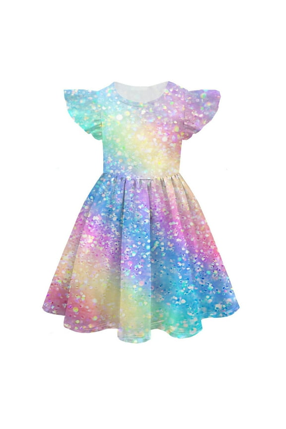 Girls Dresses Summer Print Cute Personality Fashion Fly Sleeve Princess Dress Girls Cheap Sundress Size 8 Years-9 Years