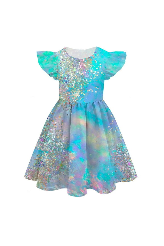 Girls Dresses Summer Print Cute Personality Fashion Fly Sleeve Princess Dress Girls Holiday Photo Sundress Size 8 Years-9 Years