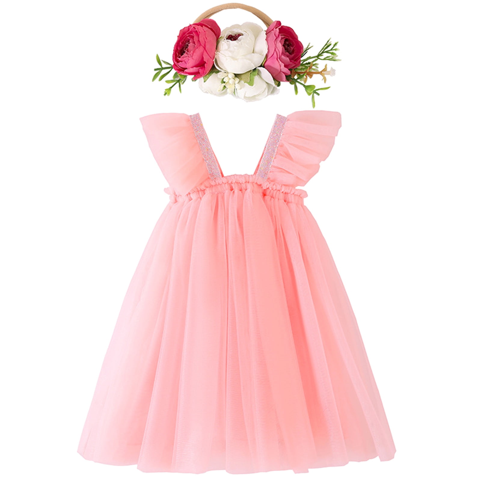 Utlike Girls Dresses Toddler Fly Sleeve Sequined Solid Colour Tulle Ruffles Princess Dress Dance Party Dresses Girls Easy Care Play Sundress Size 3 Years-4 Years