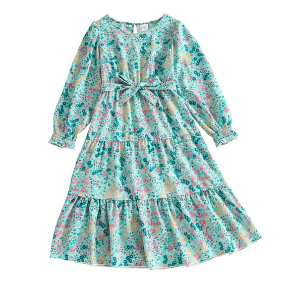Utlike Girls Floral Print Dress Long Sleeve Romper For Casual Wear Photography Party Picnic Spring Summer Fall Outfits Green Lively Sundress Size 9 Years-10 Years
