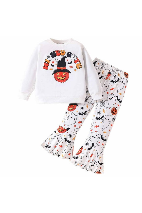 Girls Halloween Outfits Hallomas Clothing Set Cute Cartoon Pumpkin Print Pullover Top With Flare-Leg Pants Athletic Clothes For Kids Matching Sets Size 4 Years-5 Years