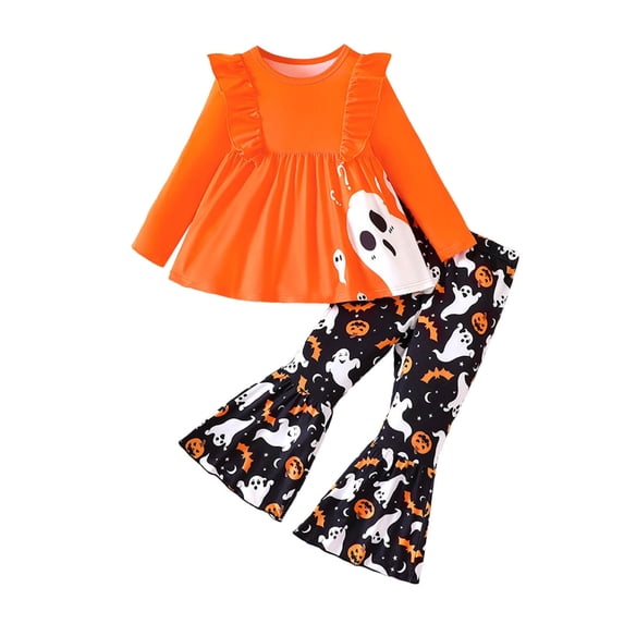 Utlike Girls Halloween Outfits Hallomas Clothing Set Pumpkin Print Top And Flare-Leg Pants For Fall Winter Casual Party Performance Athletic Clothes For Kids Matching Sets Size 4 Years-5 Years