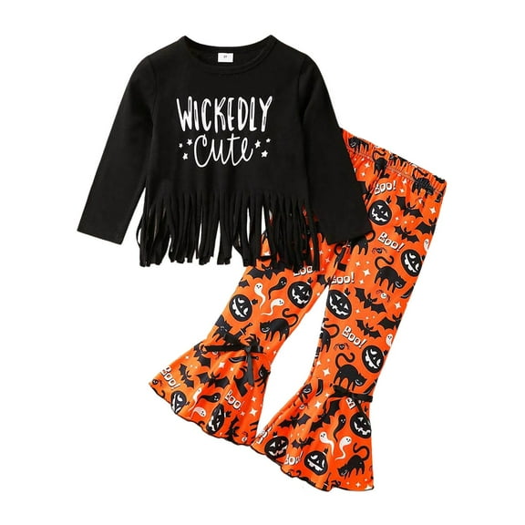 Utlike Girls Halloween Outfits With Pumpkin Print Hallomas Clothing Set Toddler Fringe Long Sleeve Top And Flare-Leg Pants Party Dress Up Regular Fit Matching Sets Size 18 Months-24 Months