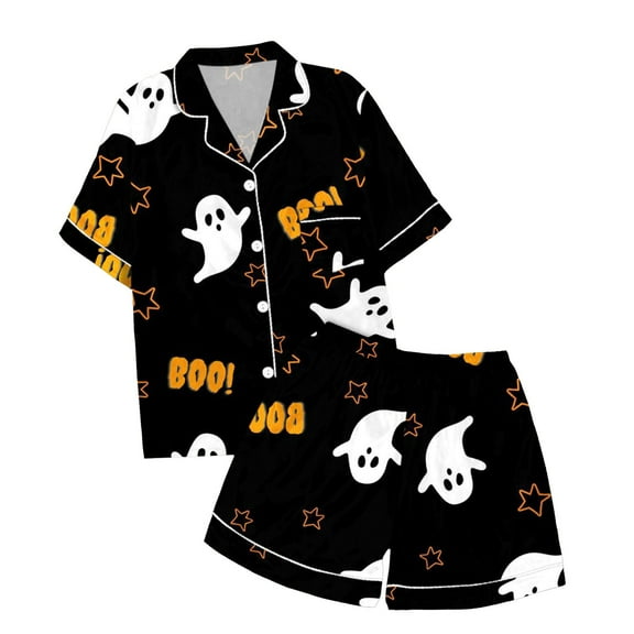 Utlike Girls Halloween Pajamas Set Hallomas Printed Button-Front Collared Short Sleeved Top Shorts Pyjamas Set Breathable Nightwear For Girl Size 18-24 Months