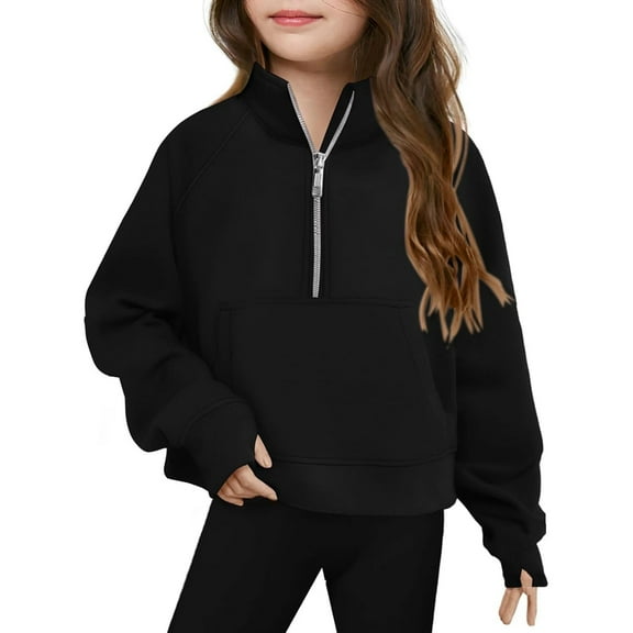 Utlike Girls Hoodies Sweatshirt 1/4 Zipper Sweatshirts Casual Oversized Long Sleeve Pullover Cute Half Zipper With Pocket Hoodie Sweater Athletic Top Activewear Black 5-6 Years