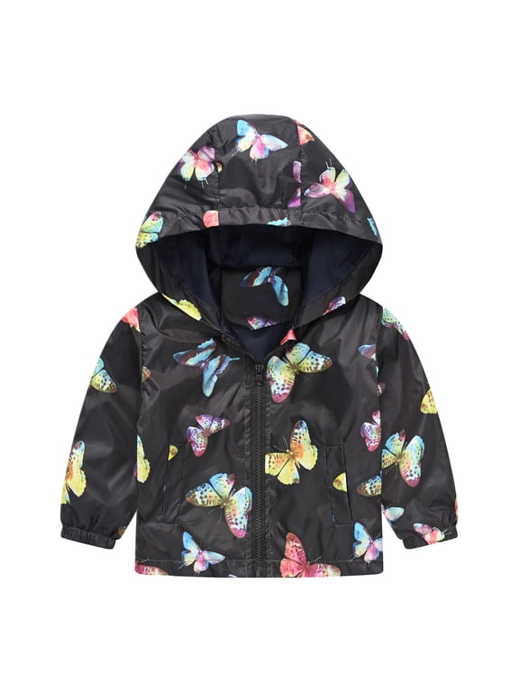 Girls Jacket Toddler Cartoon Prints Casual Light Coat Hooded Jacket Windproof Zipper outerwear Versatile Top Activewear Size 18 Months-24 Months