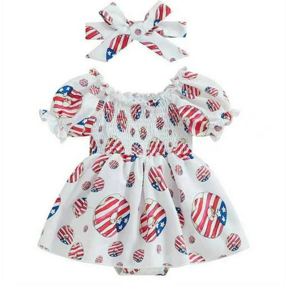 Utlike Girls Jumpsuit Baby Independence Day Full Print Smocked Strappy Dress Versatile Playsuits Size 9-12 Months