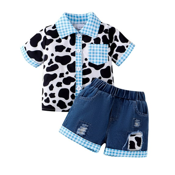 Utlike Girls Outfit Denim Shorts Sets Summer Fashion Plaid Cow Short Sleeved Top Patchwork Denim Shorts Suit Size 2 Years-3 Years