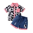 thumbnail image 1 of Utlike Girls Outfit Denim Shorts Sets Summer Fashion Plaid Cow Short Sleeved Top Patchwork Denim Shorts Suit Size 4 Years-5 Years, 1 of 9
