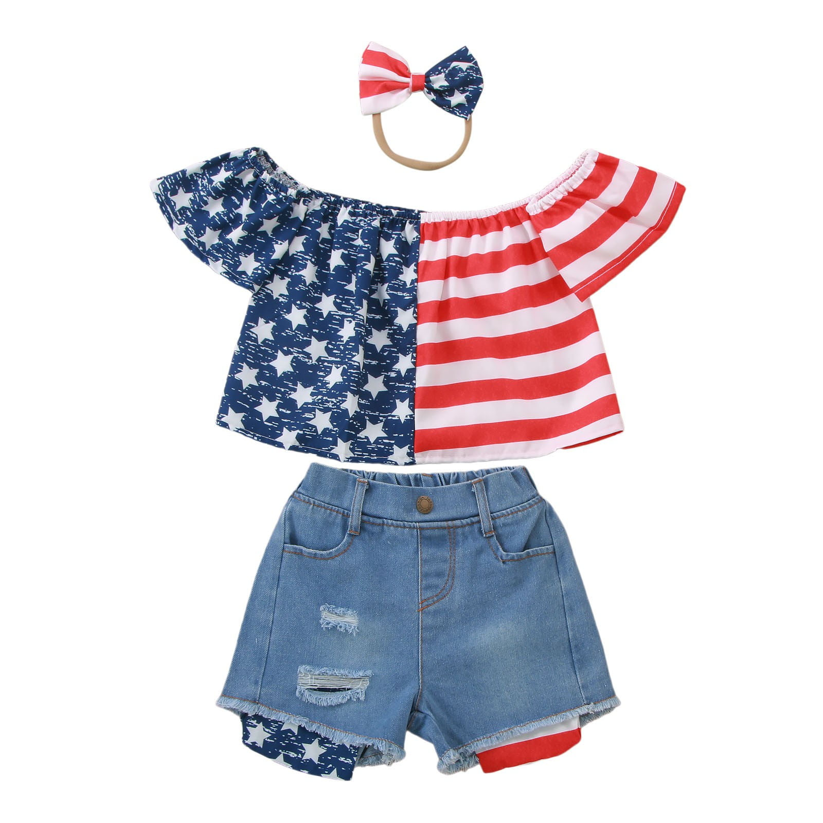 Utlike Girls Outfit Denim Shorts Sets Summer Independence Day Short Sleeve Top Shorts Headbands 3Pcs 4Th Of July Outfits Clothing Set Size 12 Months-18 Months