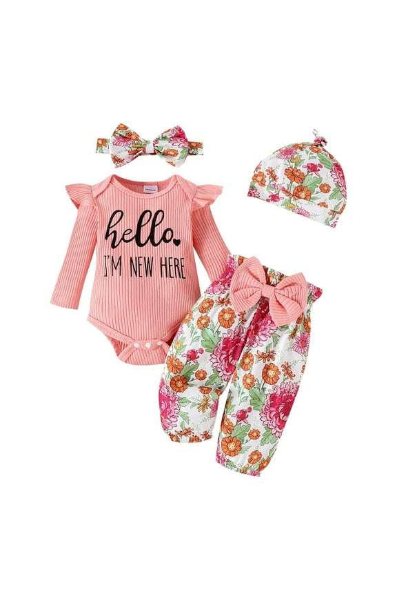 Girls Outfit Sets Baby Clothes Outfits Rib Knit Bodysuit Romper Floral Pants Headband Hat Clothing Home Outfit Girls Playtime Sets Size 0 Months-3 Months