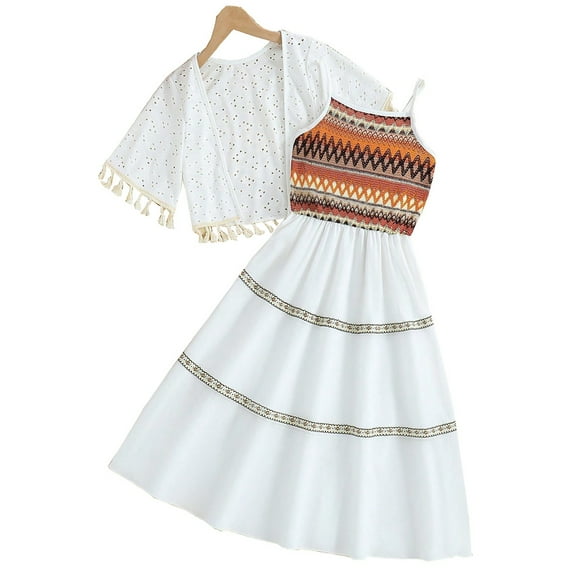 Utlike Girls Outfit Sets Summer Boho Style Color Matching Braces Skirt Fringe Short Sleeved Top Two Piece Set Girls Comfort Fit Sets Size 10 Years-11 Years