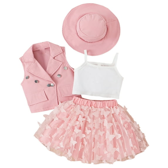 Utlike Girls Outfit Sets Summer Toddler Sleeveless Coat White Vest Skirt Hat Four Piece Outfits Set For Kids Clothes Girls Playtime Sets Size 4 Years-5 Years