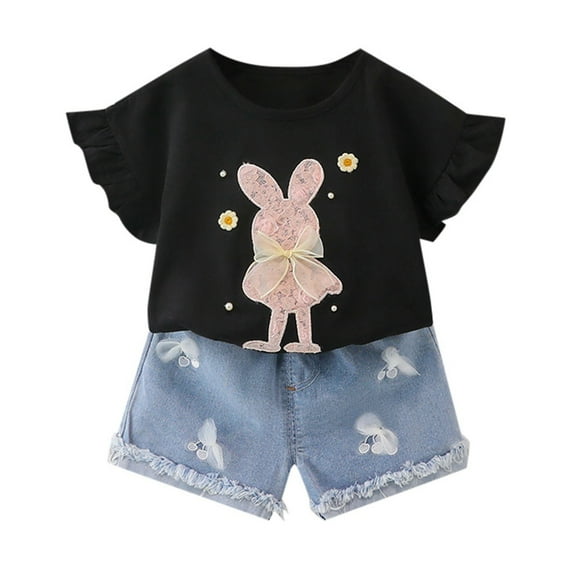 Utlike Girls Outfit Sets Toddler Easter Clothes Baby Summer Outfits Cute Bunny Bow Applique Shirts Tops Denim Shorts Set Girls Party Sets Size 3 Years-4 Years