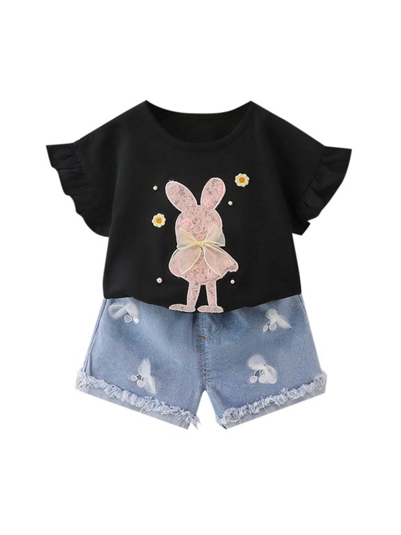 Girls Outfit Sets Toddler Easter Clothes Baby Summer Outfits Cute Bunny Bow Applique Shirts Tops Denim Shorts Set Girls Party Sets Size 3 Years-4 Years