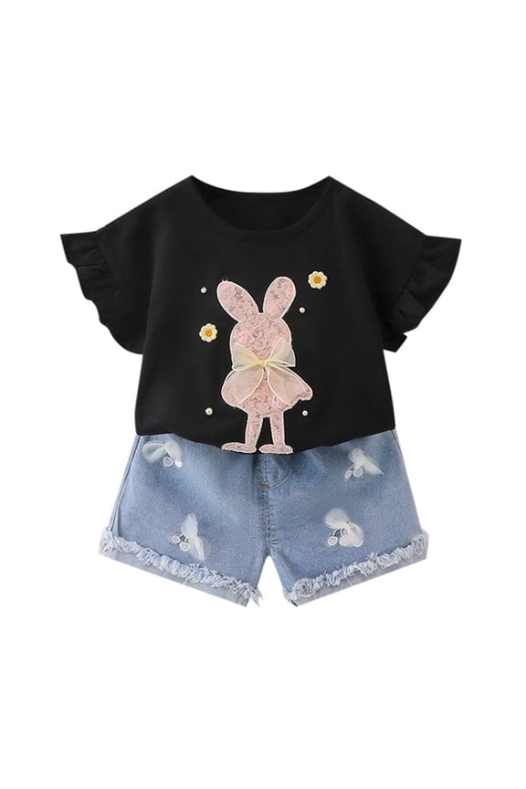 Girls Outfit Sets Toddler Easter Clothes Baby Summer Outfits Cute Bunny Bow Applique Shirts Tops Denim Shorts Set Girls Party Sets Size 3 Years-4 Years