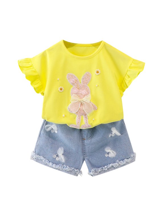 Girls Outfit Sets Toddler Easter Clothes Baby Summer Outfits Cute Bunny Bow Applique Shirts Tops Denim Shorts Set Girls Party Sets Size 3 Years-4 Years