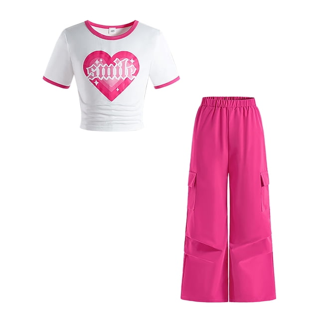 Utlike Girls Outfits 2 Pcs Clothing Set Ribbed Knit Short Sleeve Ruched Crop Tops And Wide Leg Cargo Pants Set Cute Clothes For Kids Children'S Suit Size 8 Years-9 Years