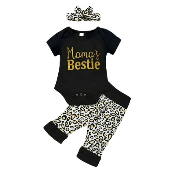 Utlike Girls Outfits Pants Letter Clothing Set Leopard Baby Toddler Romper Kids Bodysuit Headbands Clothing Set Regular Fit Matching Sets Size 1 Years-2 Years