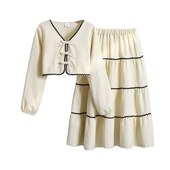 Utlike Girls Outfits Spring And Autumn Large Sized V Neck Strap Bow Long Sleeved Top With Flowered Skirt Set For Toddlers Girl Back To School Clothing Set Size 10 Years-11 Years