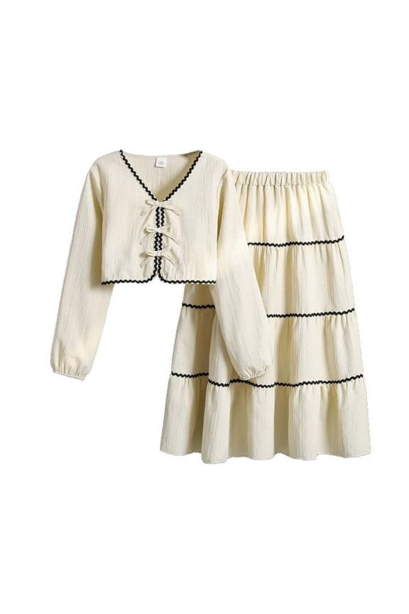 Girls Outfits Spring And Autumn Large Sized V Neck Strap Bow Long Sleeved Top With Flowered Skirt Set For Toddlers Girl Back To School Clothing Set Size 10 Years-11 Years