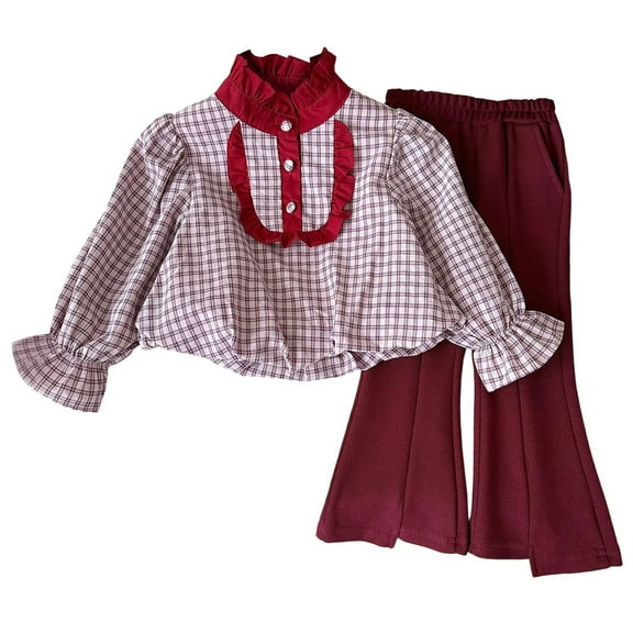 Utlike Girls Outfits Stand Collar Checkered Top And Stretchy Flare-Leg Pants Toddler Two Piece Set Back To School Season Festival Set Size 3 Years-4 Years