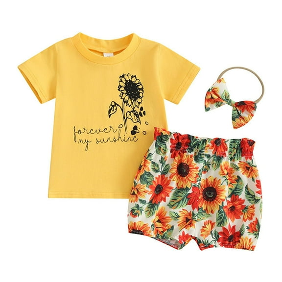 Utlike Girls Outfits Summer Baby Clothes Baby Sunflower Print Short Sleeve   Shorts   Headscarf 3 Pack Set Softness Festival Set Size 3 Months-6 Months