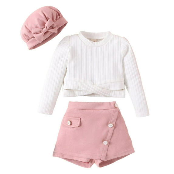Utlike Girls Outfits Toddler Long Sleeve Solid Colour Ribbed Tops Skirt Bowknot Hat Three Piece Clothing Set For Kids Clothes Softness Festival Set Size 4 Years-5 Years