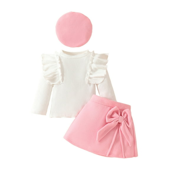Utlike Girls Outfits Toddler Ruffles Long Sleeve Ribbed Tops T Shirt Bowknot Skirts Hat Clothing Set Regular Fit Matching Sets Size 2 Years-3 Years