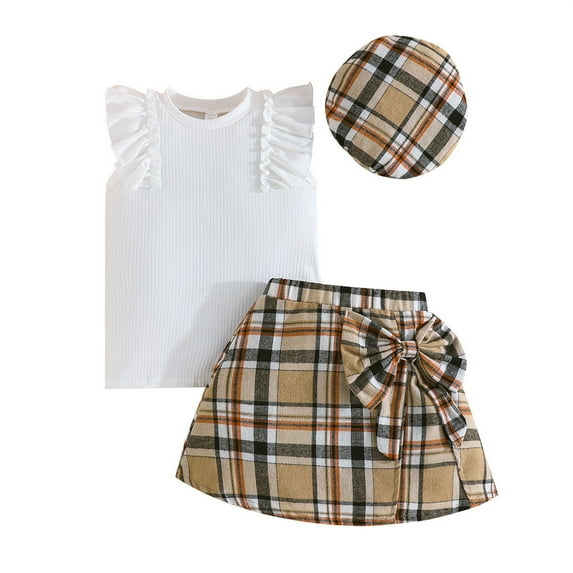 Utlike Girls Outfits Toddler Summer 3 Pack Skirt Clothing Set Knitted Ribbed Long Sleeve T Shirt Tops Plaid Skirt Beret Set Athletic Clothes For Kids Matching Sets Size 7 Years-8 Years
