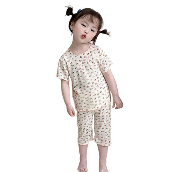Utlike Girls Pajamas Set Silk Toddler Pjs Printed Short Sleeved T Shirt With Shorts Two Piece Sleepwear Set Softness Home Clothes For Girl Size 5 Years-6 Years