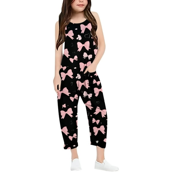 Utlike Girls Pants Printed Casual Suspender Romper Solid Color Loose Casual Romper With Pocket Size 4 Years-5 Years