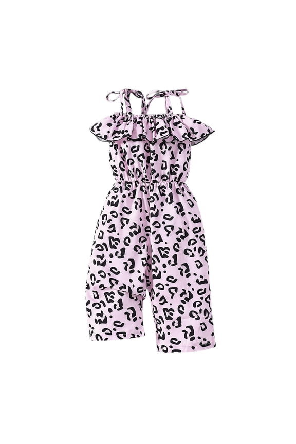 Girls Romper Jumpsuit Toddler Summer Leopard Print Strappy Waistband Ruffled Hem Playful Outfit For Casual Outdoor Party Travel Skin Friendly Playsuit Size 3 Years-4 Years
