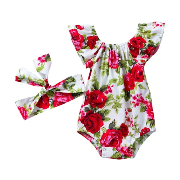 Utlike Girls Romper Baby Ruffle Floral Headbands Clothes Toddler Leisure Playwear Bodysuits Size 12 Months-24 Months
