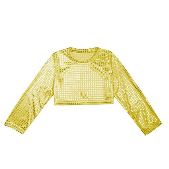 Utlike Girls Shirt Children Dance Polka Sequin Long Sleeved Performance T Shirt Top Festival Party Dress Up Everyday Wear Tee Size 5-6 Years Gold