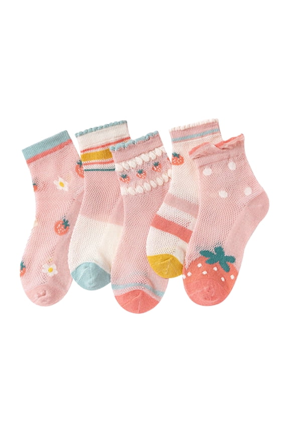 Girls Socks Mesh Breathable Soft Comfortable Cute Cartoon Strawberry Pattern Daily Walking Wear Ankle Socks Size 6 Years-8 Years