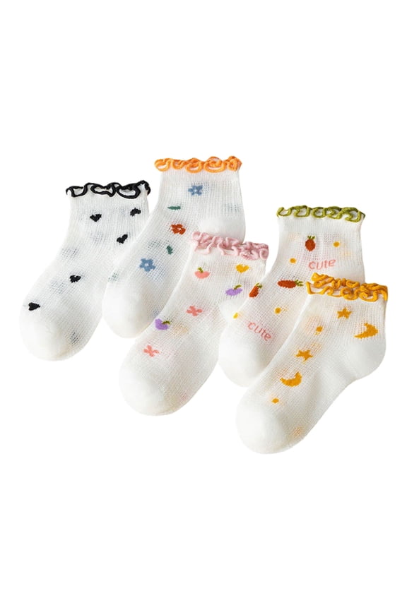 Girls Socks Mesh Socks Breathable Soft Comfortable Cute Ruffle Lace Cartoon Fruit Star Moon Pattern Daily Walking Wear Ankle Socks Size 6-8 Year0-2 Years