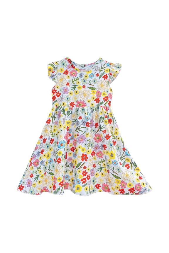 Girls Summer Dress Children'S Casual Fashion Floral Knee Length Butterfly Sleeves Dress Casual Toddler Leisure Sundress Size 5 Years-6 Years