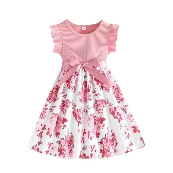 Utlike Girls Summer Dress Flowers Bowknot Children'S Dresses Ruffle Sleeves A Line Dress Round Neck Toddler Comfortable Sundress Size 4 Years-5 Years