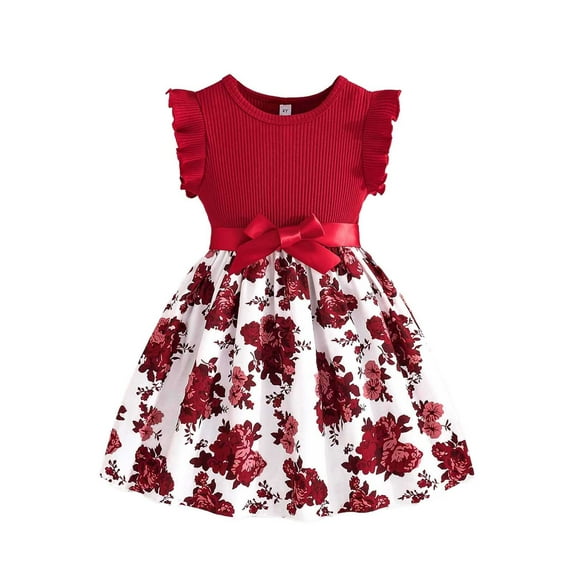 Utlike Girls Summer Dress Flowers Bowknot Children'S Dresses Ruffle Sleeves A Line Dress Round Neck Toddler Easy Fitting Sundress Size 6 Years-7 Years