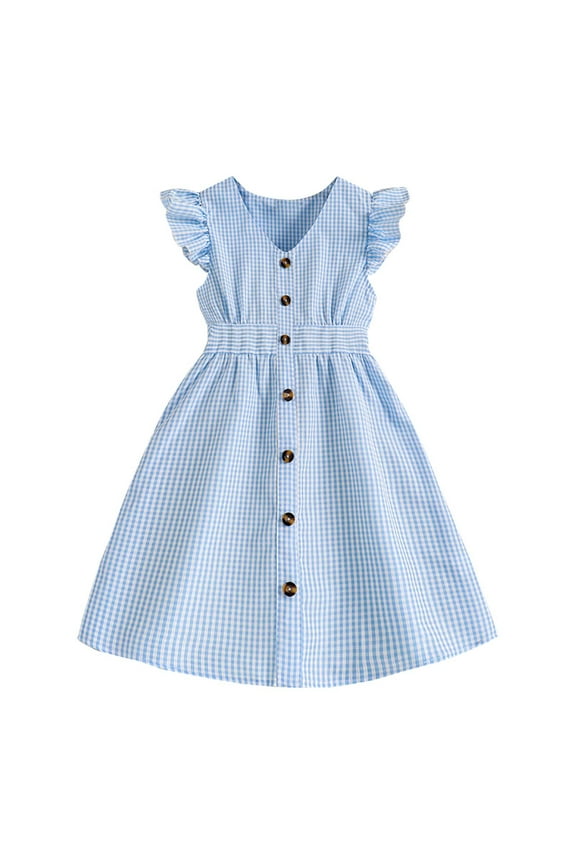 Girls Summer Dresses Butterfly Sleeves Checkered Button Front Dress For Kids Elegant Sundress For Little Girls Size 8 Years