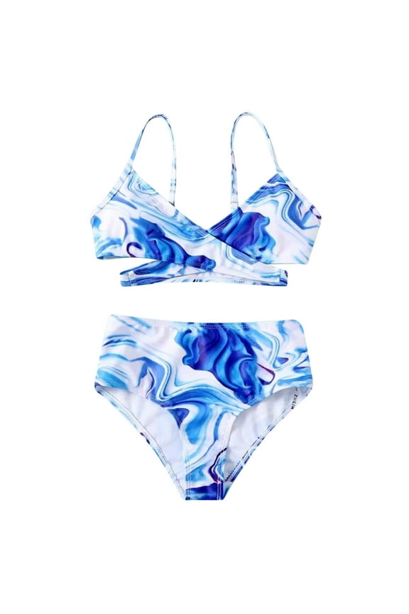 Girls Swimsuit Two Summer Floral To Printing Cute Dyeing Piece Print Crisscross Swimwear Bikini Set For Swimming Pool Size 10 Years