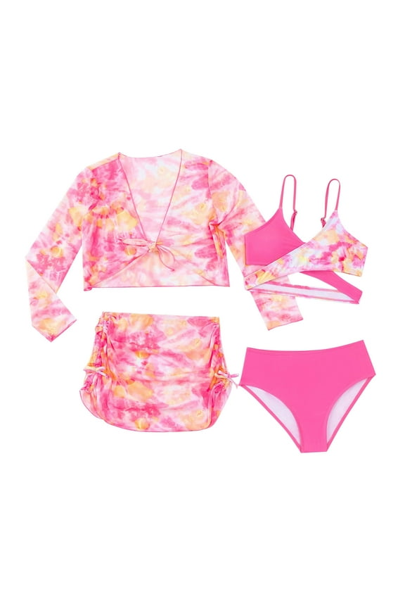 Girls Swimwear 4 Piece Swimsuits Tie Dye Bikini Set Bathing Suits With Mesh Skirt Summer Casual Swimsuit For Girls Size 11 Years-12 Years