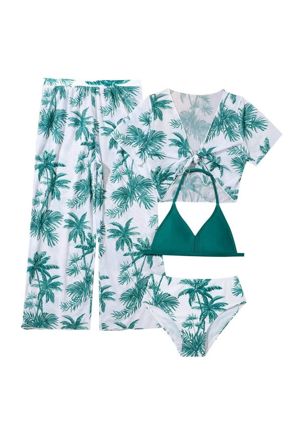 Girls Swimwear 4 Piece Swimsuits Tropical Print Halter Bikini Set Bathing Suits With Mesh Pants Cute Swimsuit For Sweet Girls Size 9 Years-10 Years