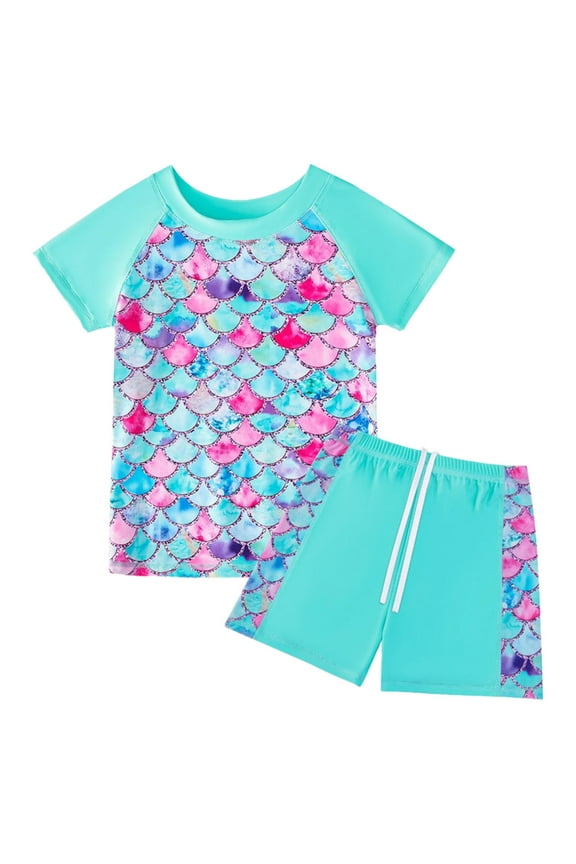 Girls Swimwear Bathing Suit For Children Kids Short Sleeve Swimwear And Shorts Scale Printed Swimsuit Set Girls Matching Swimsuit Size 10 Years-12 Years