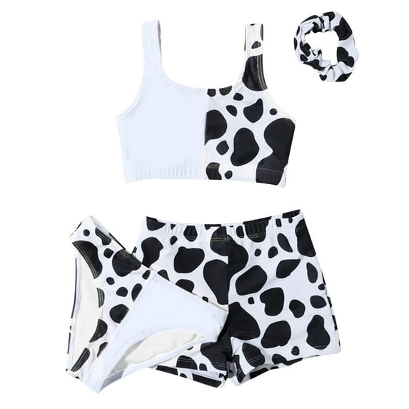 Utlike Girls Swimwear Kids Child 4 Piece Swimsuits Bathing Suit Cow Print Bikini Tops Underpants Shorts Pant Hair Band Swimwear Set Swimwear For Swimming Lessons Size 8 Years-10 Years