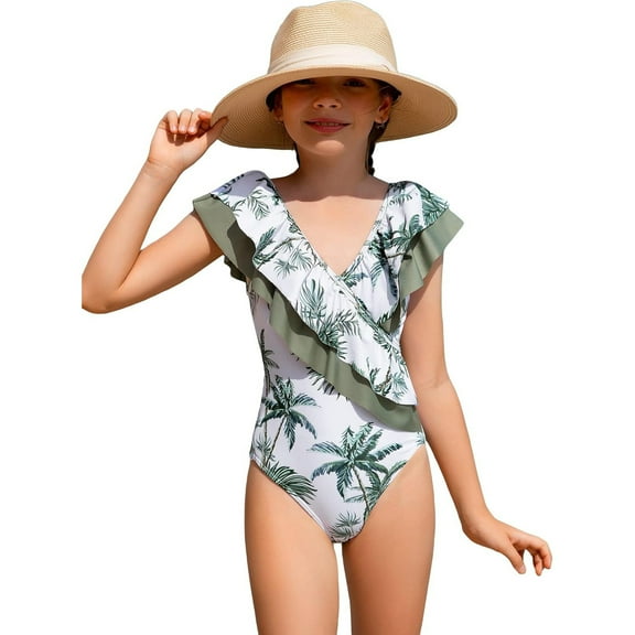 Utlike Girls Swimwear Tropical Print Ruffle Trim Swimwear V Neck One-Piece Swimsuit Cute Beach Bathing Suit For Sweet Girls Size 13 Years-14 Years